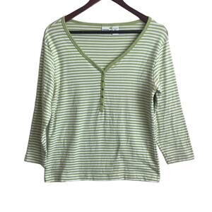 Chicos Women Top M‎ Green Stripe V Neck 3/4 Sleeve Cotton Stretch Coastal Travel